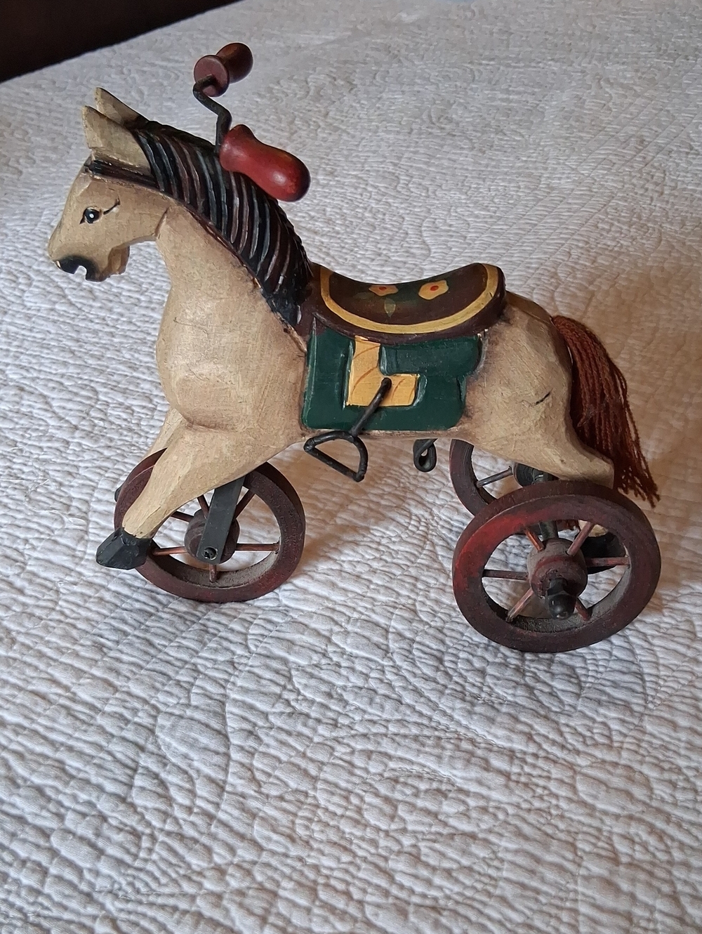 Vintage-Style Wooden  Decor Horse - Beige with Green And Brown Saddle